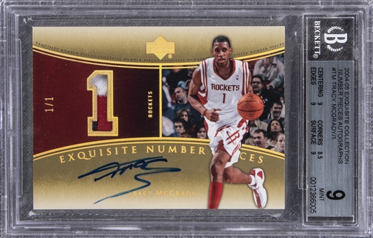 2004-05 UD "Exquisite Collection" Number Pieces Autographs #TM Tracy McGrady Signed Game Used Patch Card (#1/1) – BGS MINT 9/BGS 9